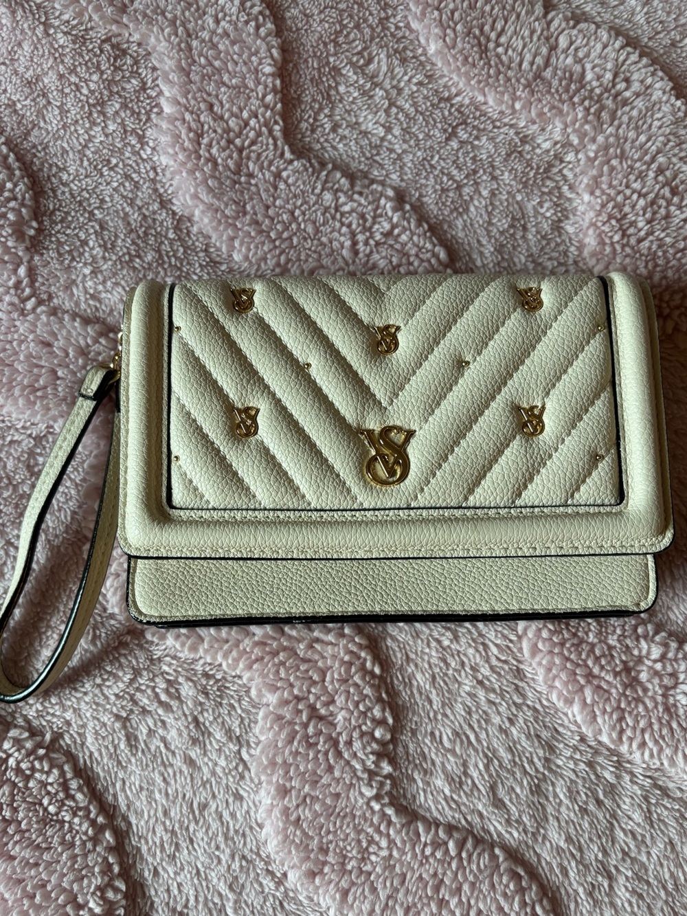 Victoria's Secret Cream Quilted Wristlet with Gold Logo Accents